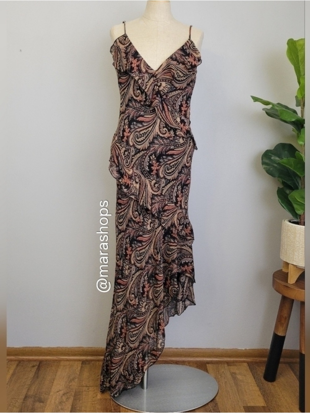 Vintage BEBE Paisley Ruffle Asymmetrical Hem Slip Y2K 00's Dress